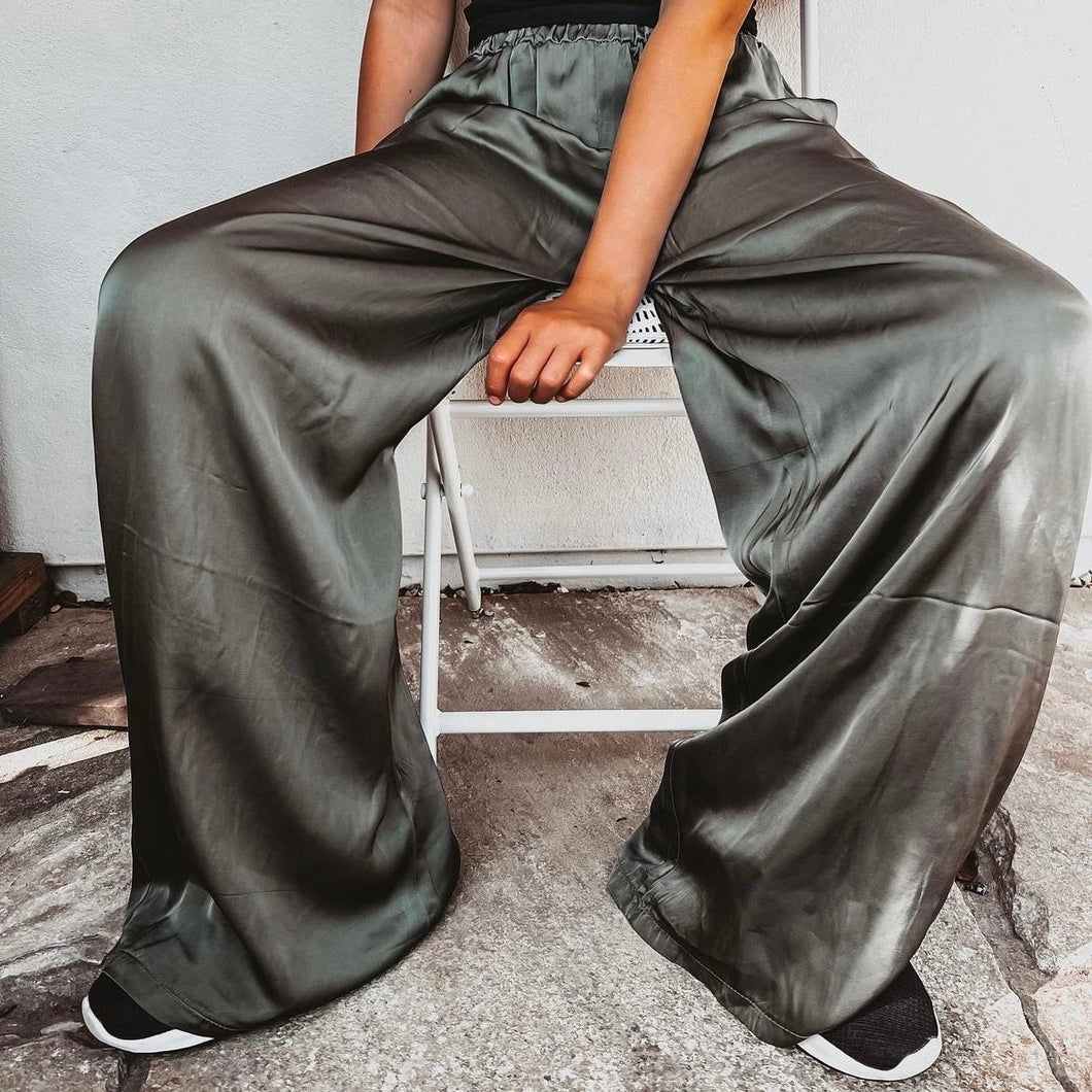 Verona FOREST KHAKI satin palazzos pants *NEW*