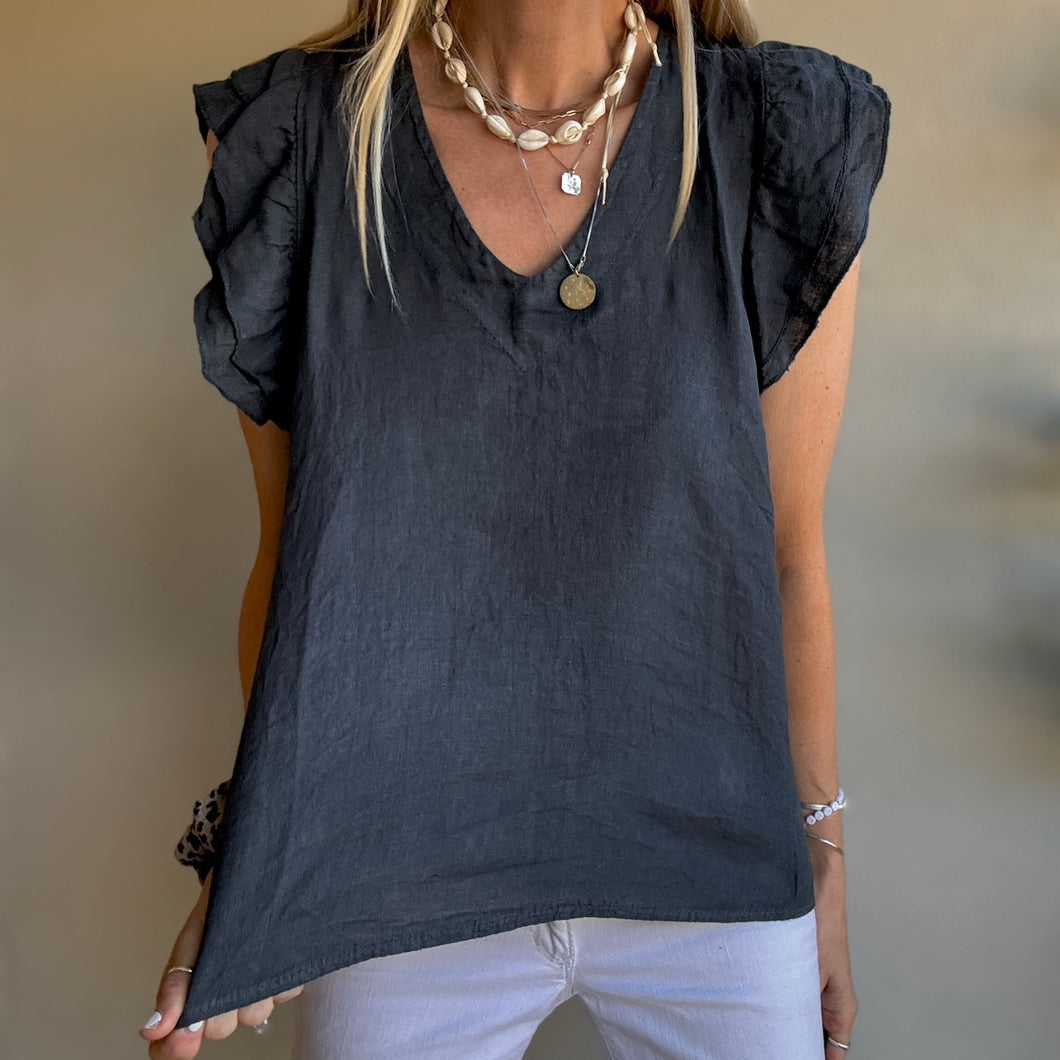 Charcoal Santiago frills linen tee *NEW*