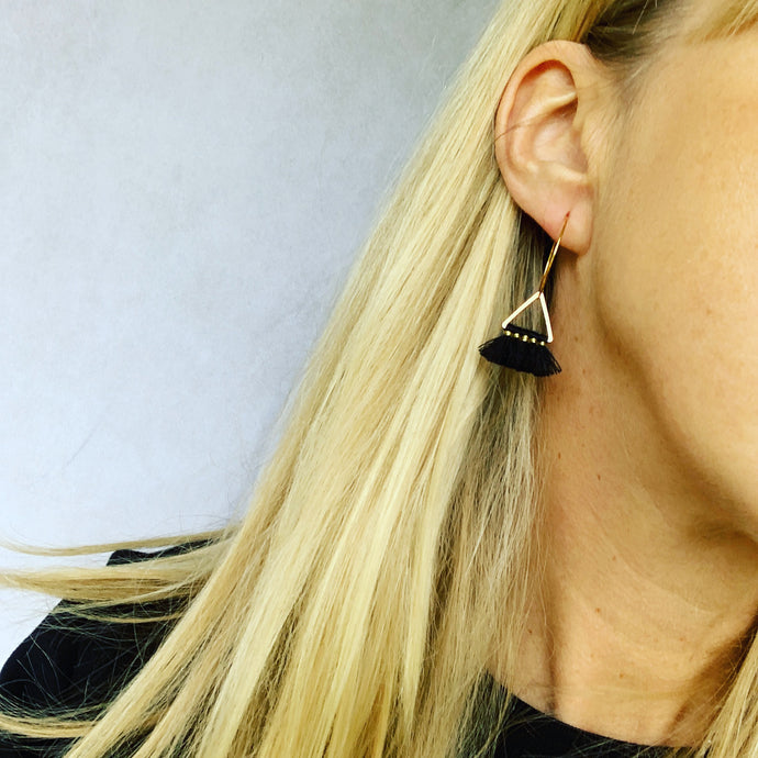 Gold triangle black tassel gold hoop earrings