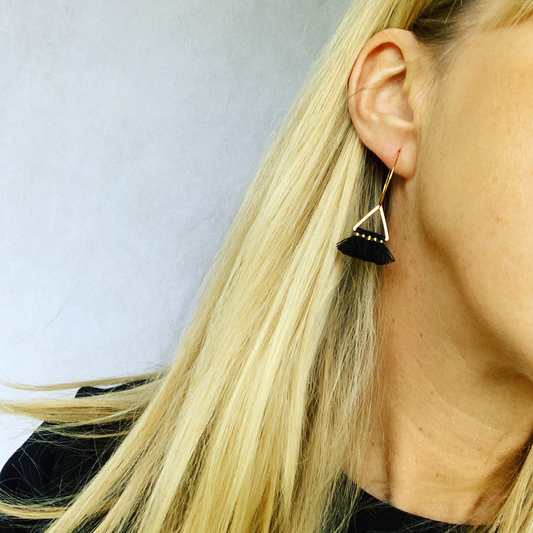 Gold triangle black tassel gold hoop earrings