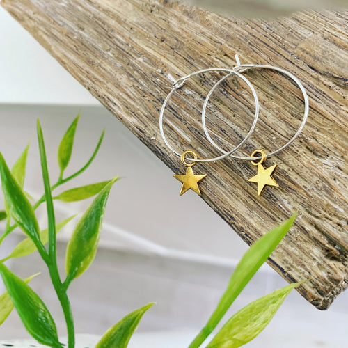 Gold star silver hoop earrings