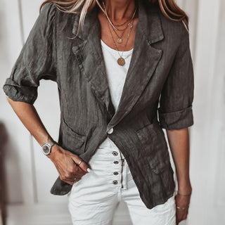 Pinstripe KHAKI linen blouse blazer *NEW*