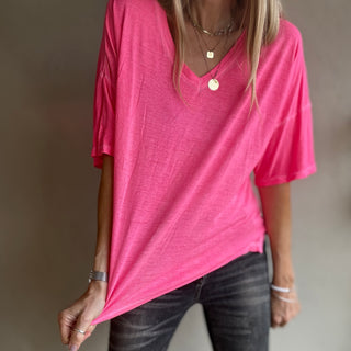 Neon pink V neck tee