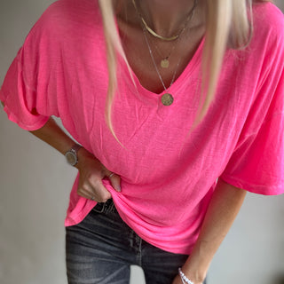 Neon pink V neck tee