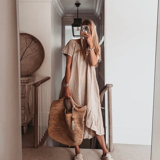 Lottie linen off shoulder beige dress *NEW*