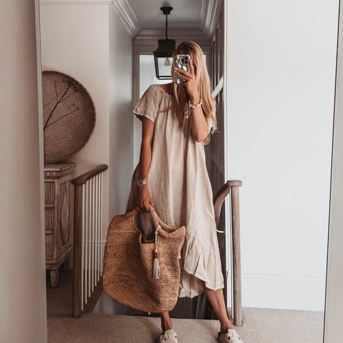 Lottie linen off shoulder beige dress *NEW*