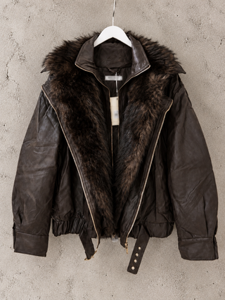 Chocolate brown Tara faux leather fur high collar biker jacket