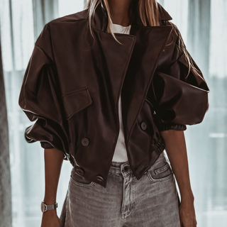 Chocolate brown Cara faux leather high collar jacket