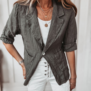 Pinstripe KHAKI linen blouse blazer *NEW*