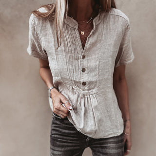 Sand Scarlet smocked white linen blouse