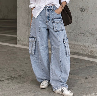 Stone washed blue barrel cargo  jeans *NEW*