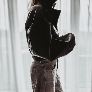 Black Cara faux leather high collar jacket