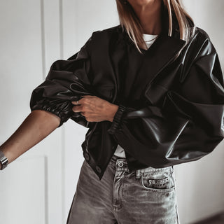 Black Cara faux leather high collar jacket