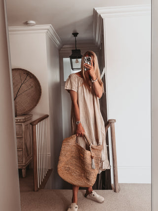 Lottie linen off shoulder beige dress *NEW*