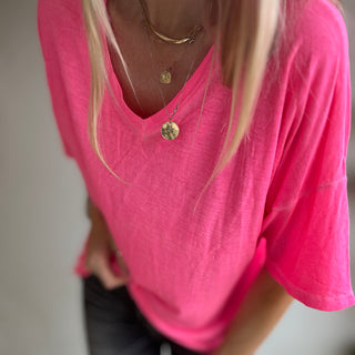 Neon pink V neck tee