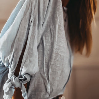 PALE BLUE Leila linen top with bows *NEW*