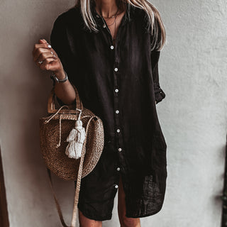 Sicily BLACK linen shirt beach dress with pockets *new* *relaxed style*