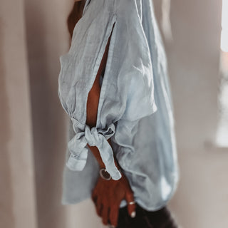 PALE BLUE Leila linen top with bows *NEW*