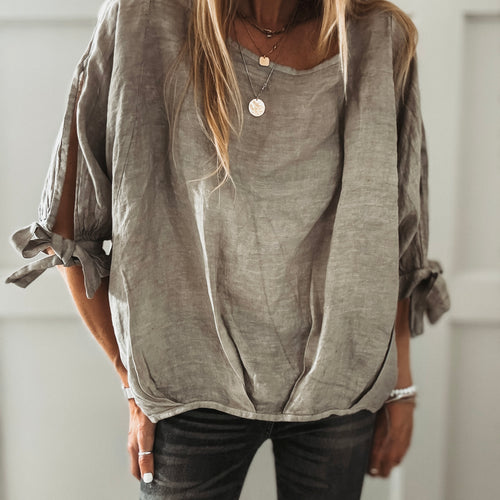 TAUPE Leila linen top with bows *NEW*