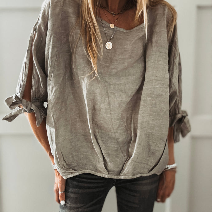 TAUPE Leila linen top with bows *NEW*