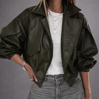 Khaki Cara faux leather high collar jacket *NEW*