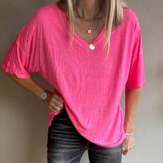 Neon pink V neck tee