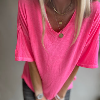 Neon pink V neck tee