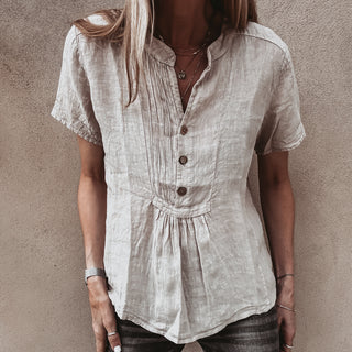Sand Scarlet smocked white linen blouse