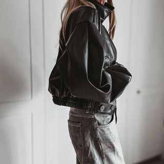 Black Cara faux leather high collar jacket