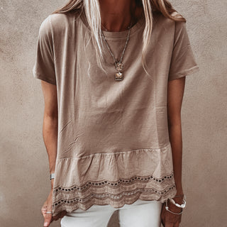 Lola TAUPE linen tee with cotton lace *NEW*