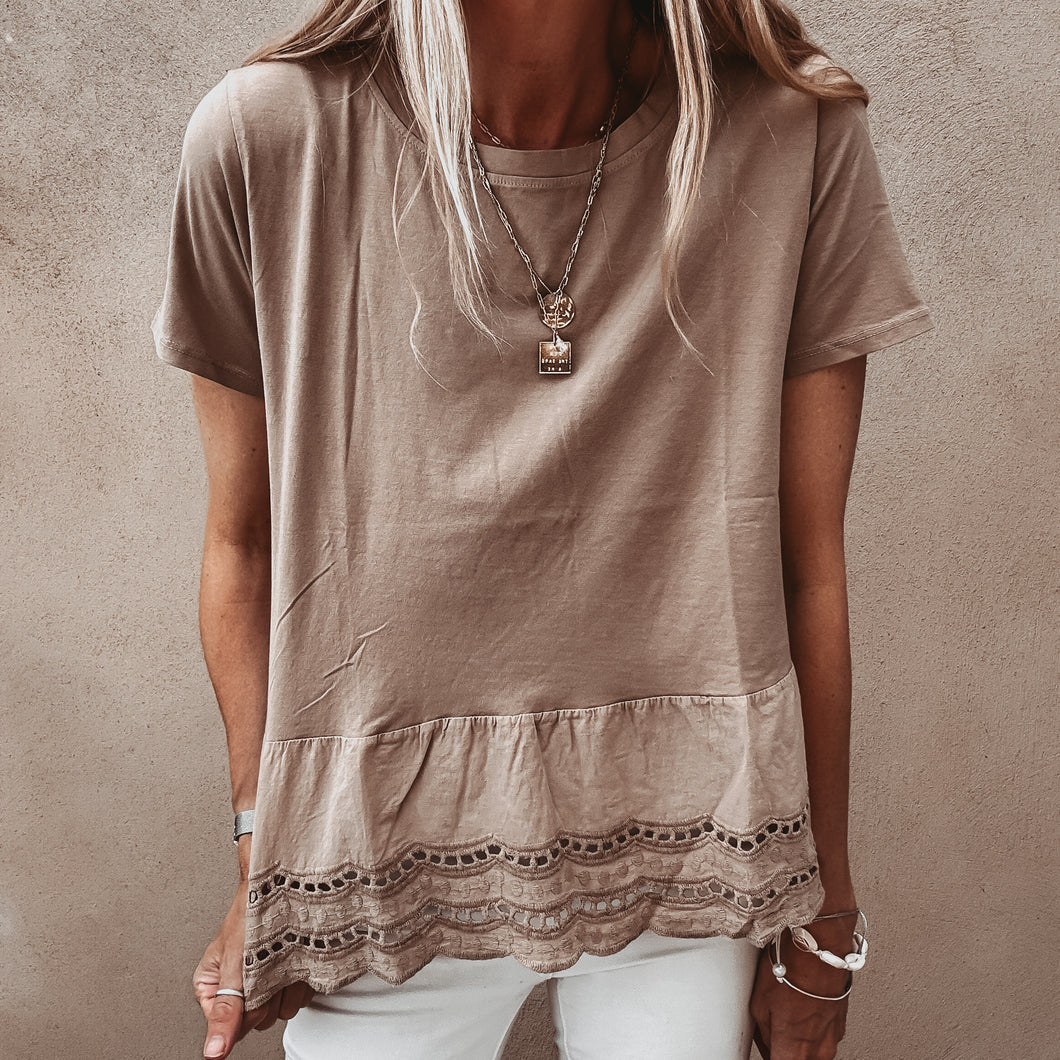 Lola TAUPE linen tee with cotton lace *NEW*