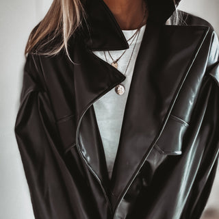 Black Cara faux leather high collar jacket