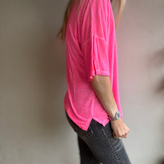 Neon pink V neck tee