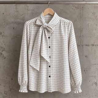 Chia White checked asymmetric bow blouse *NEW*