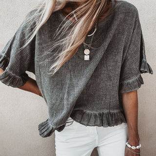 Inky grey ruffle edges linen top *NEW*