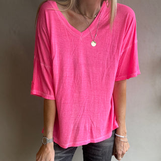 Neon pink V neck tee