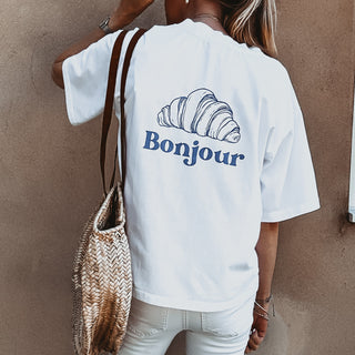 White/navy Bonjour croissant tee  *NEW*