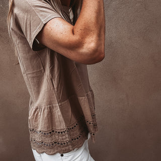 Lola TAUPE linen tee with cotton lace *NEW*
