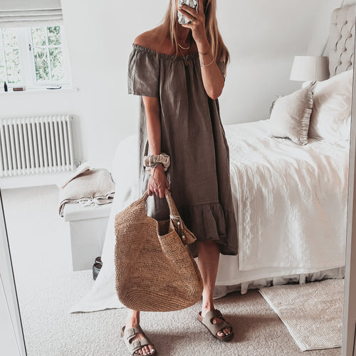 Lottie linen off shoulder taupe dress *NEW*