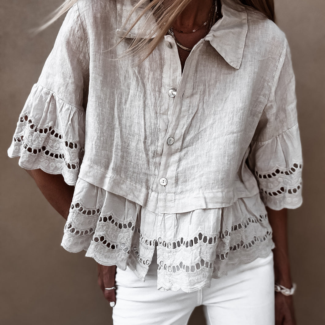 Lola TAUPE linen shirt with cotton lace *NEW*