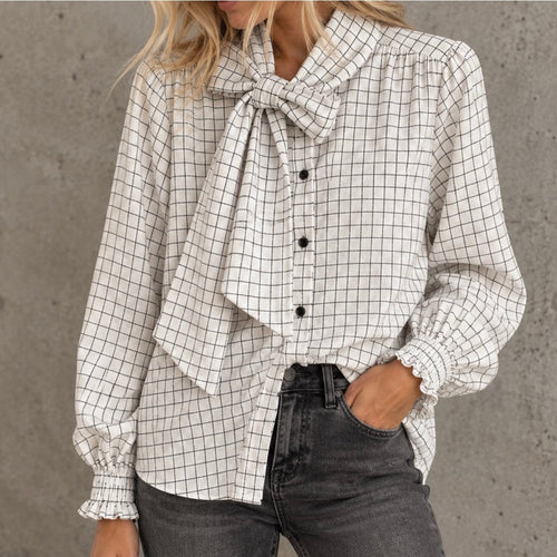 Chia White checked asymmetric bow blouse *NEW*