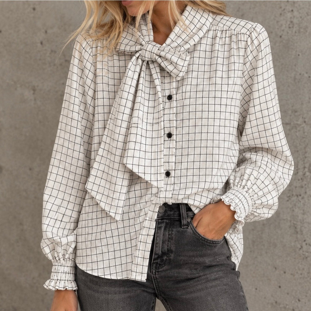 Chia White checked asymmetric bow blouse *NEW*