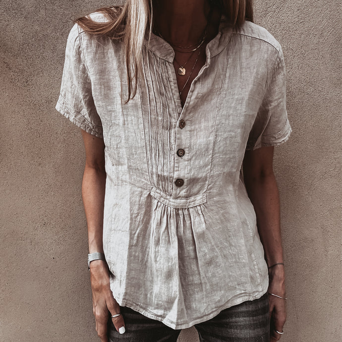 Sand Scarlet smocked white linen blouse