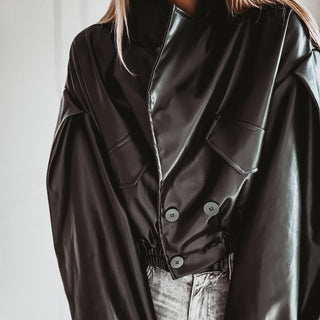 Black Cara faux leather high collar jacket