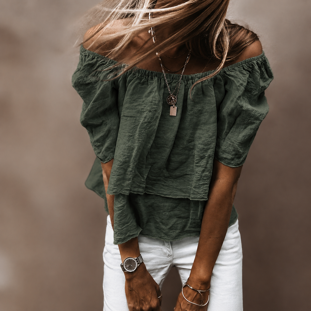 Khaki tiered ruffle linen top *NEW*