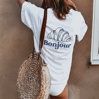 White/navy Bonjour croissant tee  *NEW*