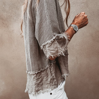 Mila TAUPE crochet tee with cotton lace trim *NEW*