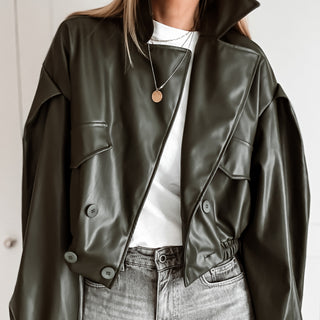 Khaki Cara faux leather high collar jacket *NEW*