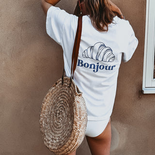 White/navy Bonjour croissant tee  *NEW*