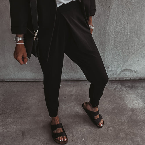 Black jersey Geraldine crepe crossover harem joggers